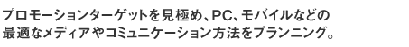 プロモーションターゲットを見極め、ＰＣ、モバイルなどの最適なメディアやコミュニケーション方法をプランニング。