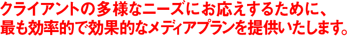 クライアントの多様なニーズにお応えするために、最も効率的で効果的なメディアプランを提供いたします。 